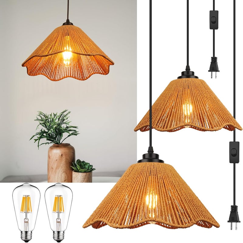 tebio Plug in Pendant Light, Rattan Hanging Lights with Plug in Cord 13FT Hemp Black Cord, On/Off Switch Chandelier for Boho Living Room Bedroom Kitchen（Bulb Included） Brown-12 x 6 inch - 2 Pack - Image 1
